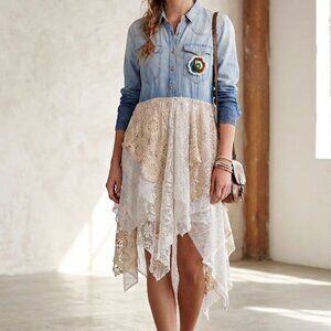 Handmade Boho Lace Crochet Shabby Chic Coastal Cowgirl Denim Lace Dress, L
